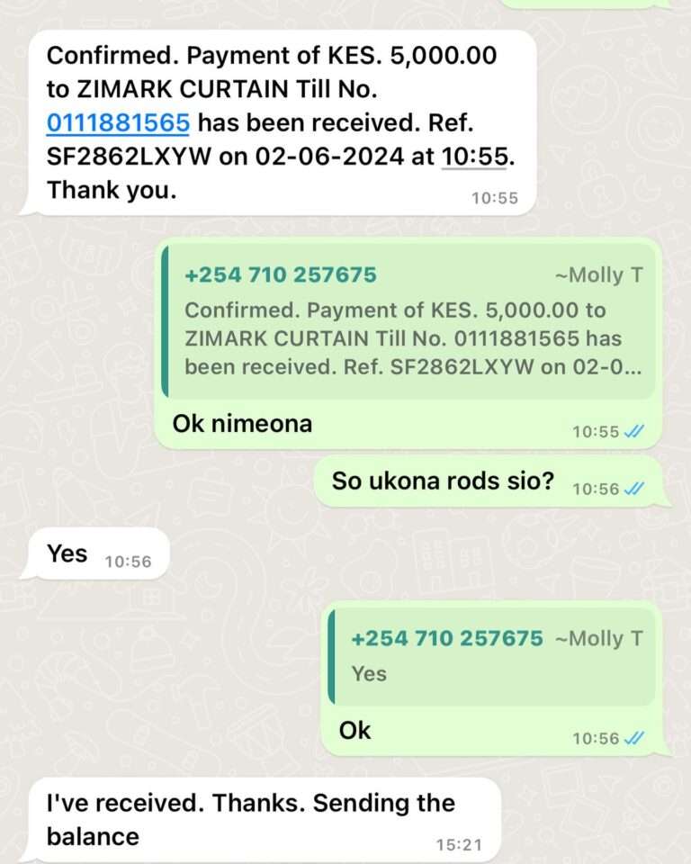 Customer testimonial screenshots showing positive feedback and client satisfaction for curtain installation services in Nairobi.