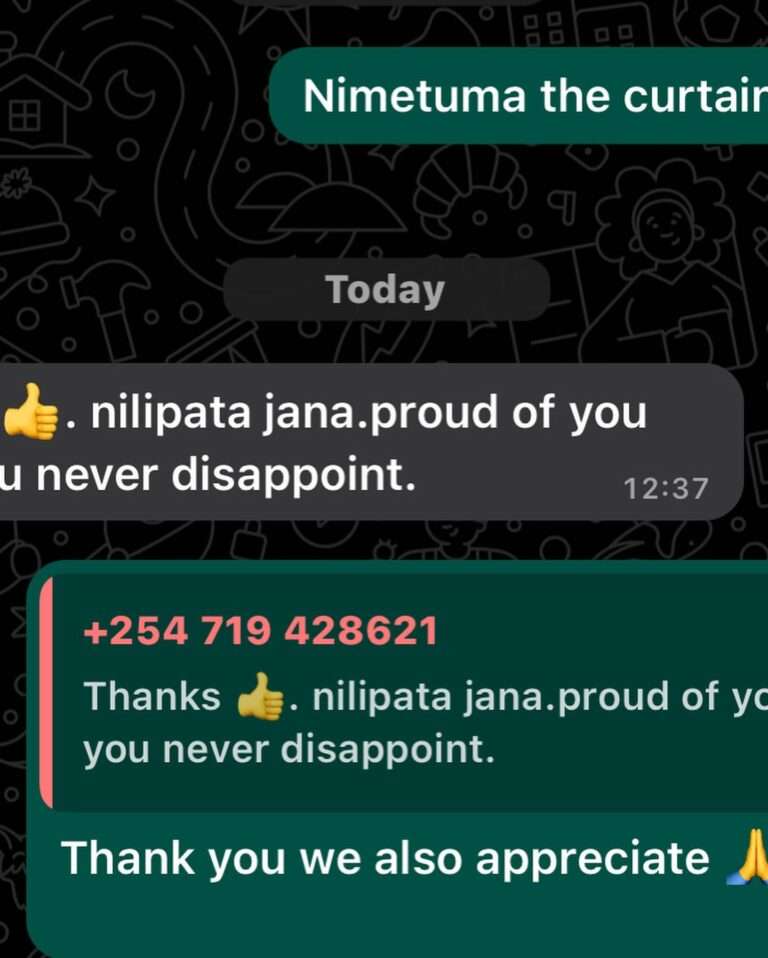 Customer testimonial screenshots showing positive feedback and client satisfaction for curtain installation services in Nairobi.